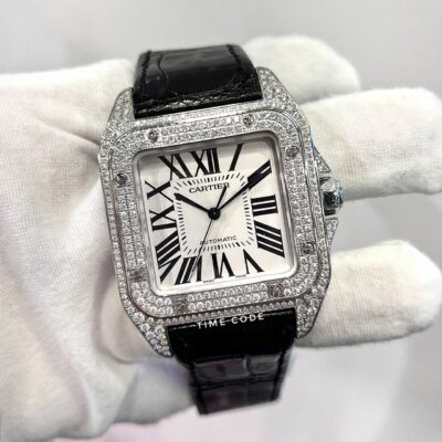 [PREOWNED] CARTIER SANTOS 100 XL MODEL CUSTOM-SET DIAMONDS WITH LEATHER STRAP (Watch only)